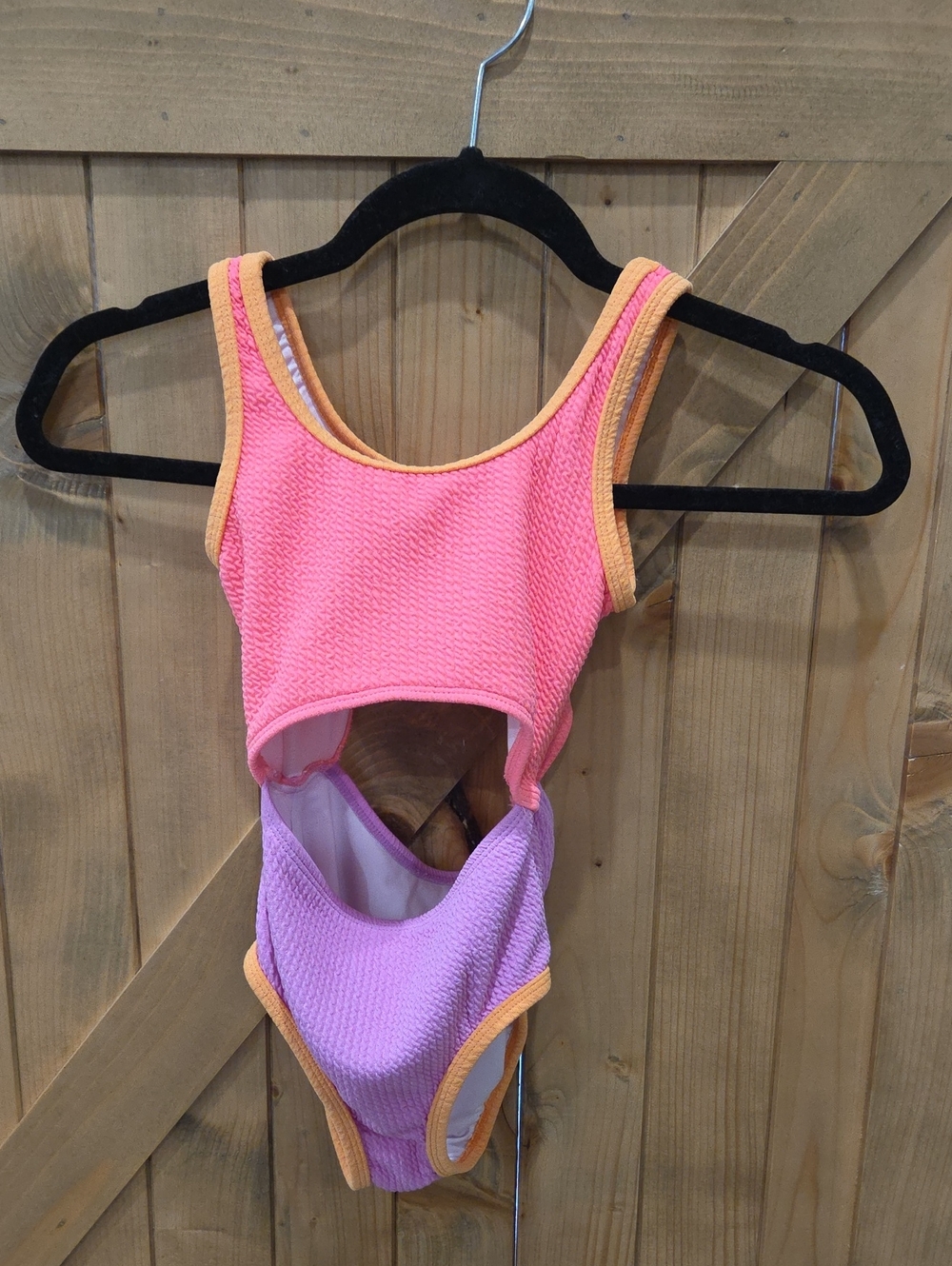 Old Navy Pink and Purple One-Piece Swimsuit with Orange Trim